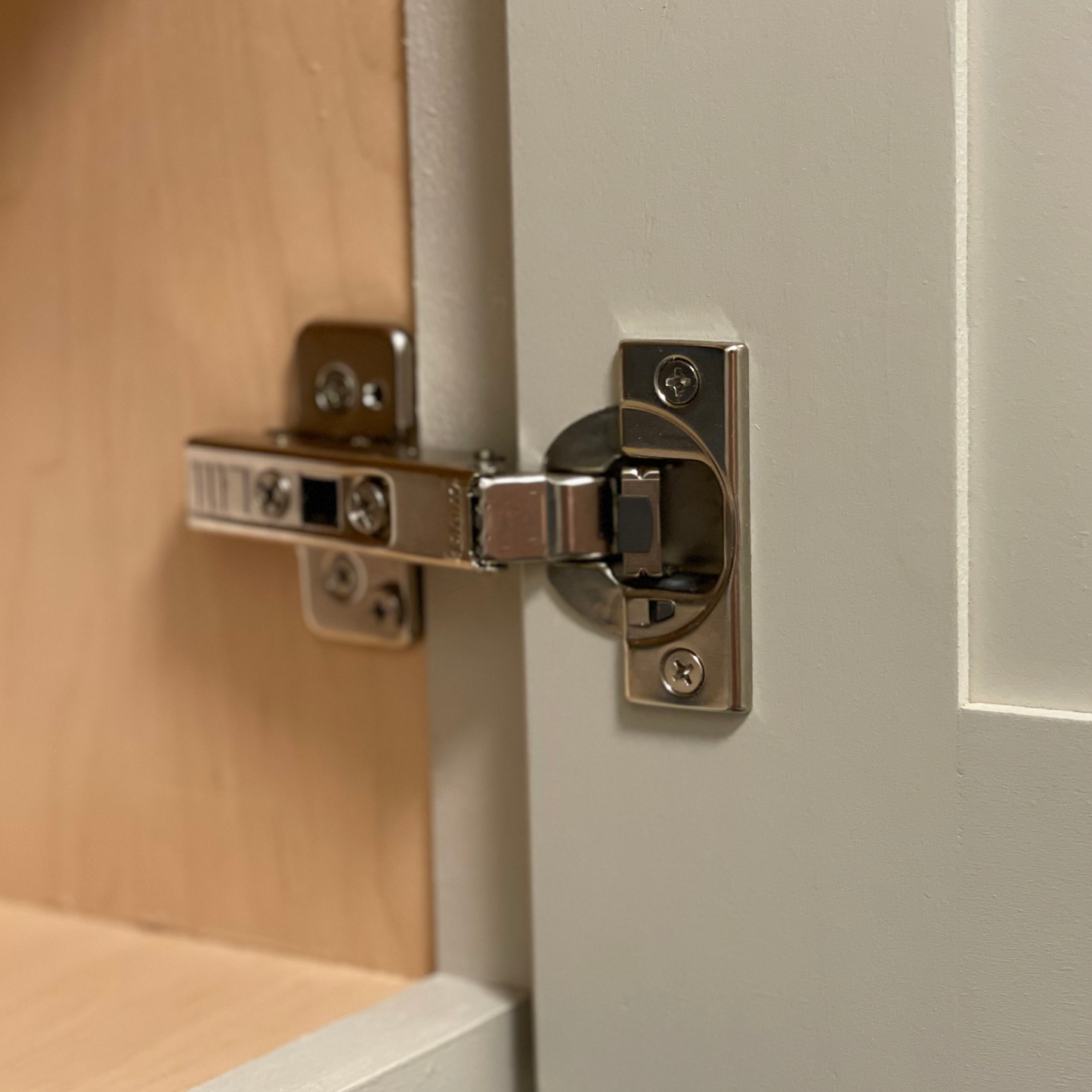 Nickel screw installed in a European concealed cabinet hinge