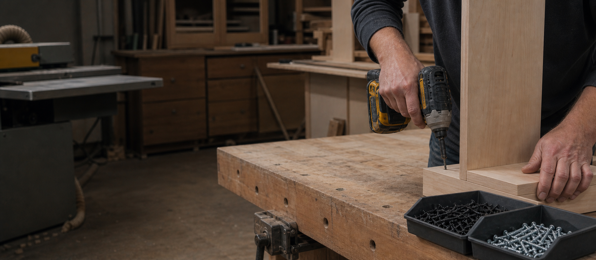 Cabinet maker fastening maple cabinetry with professional wood screws