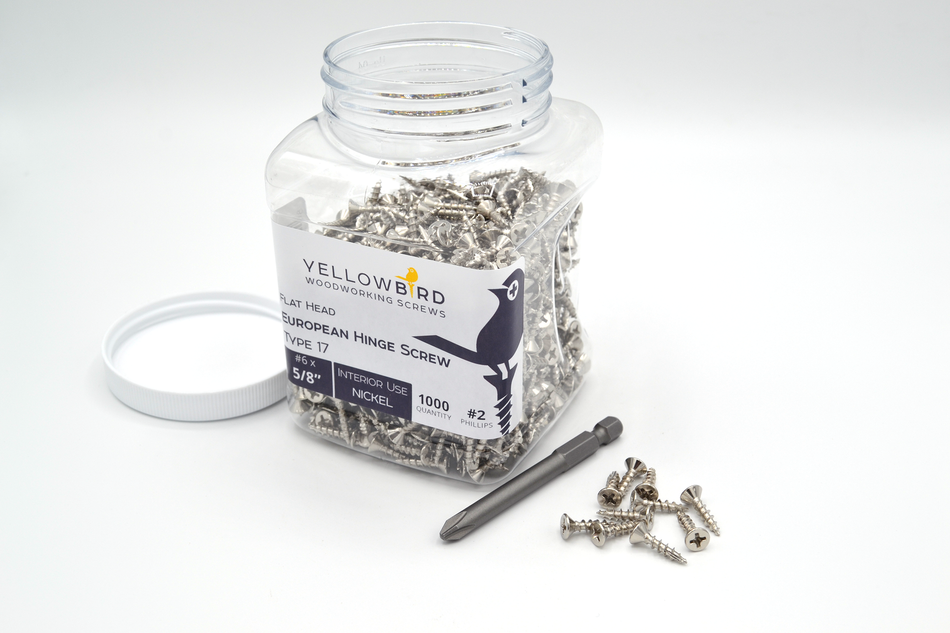 #6 x 5/8-inch nickel hinge screws in a 1,000-count jar