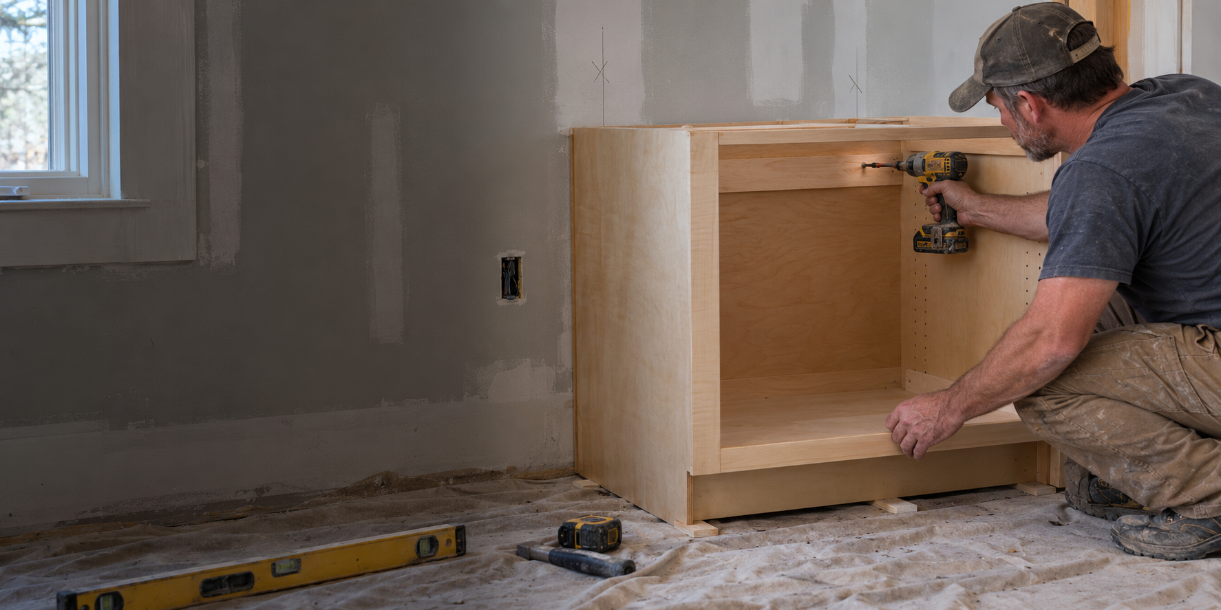 Cabinet maker fastening maple cabinetry with professional wood screws
